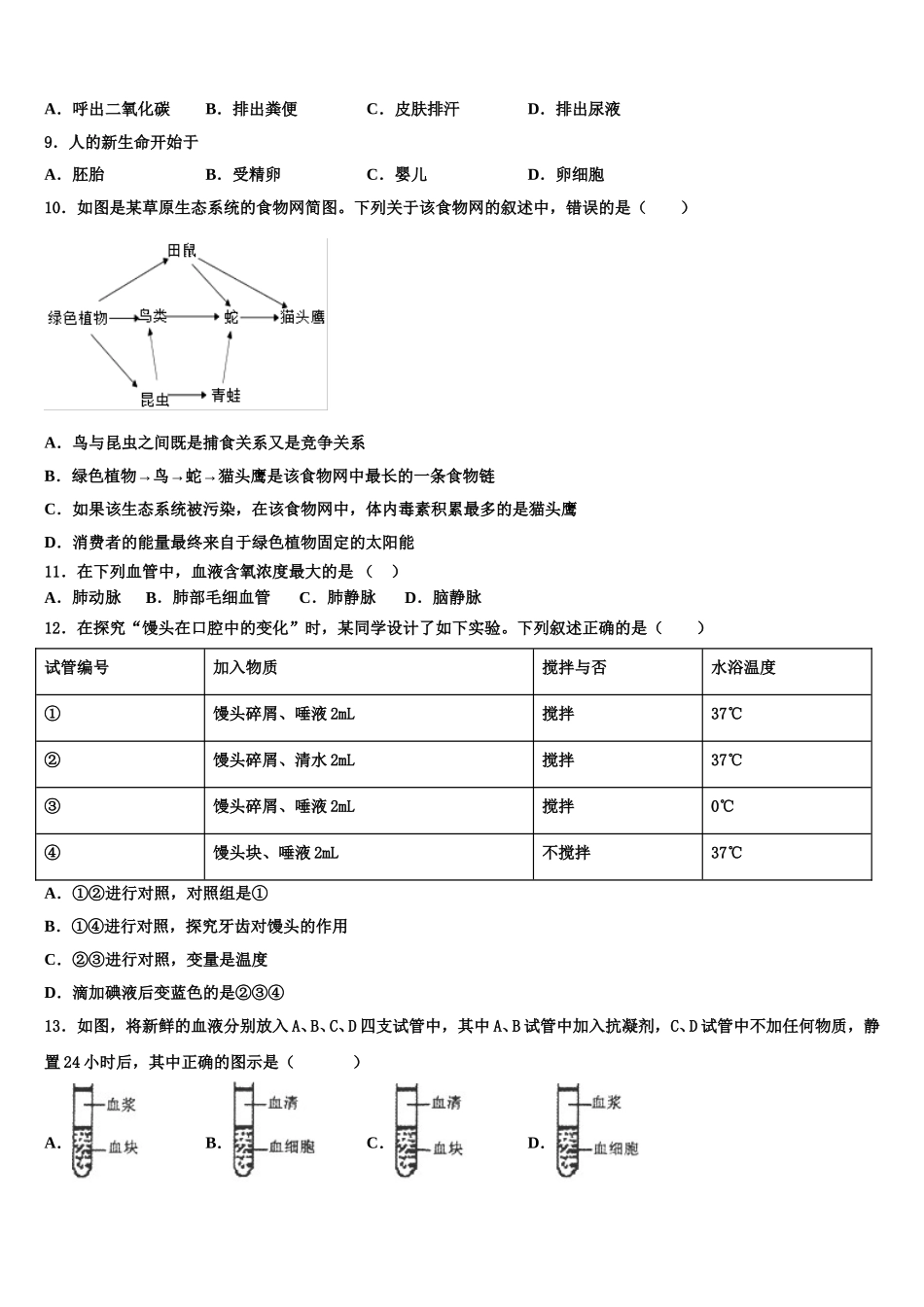 安徽省毫州市涡阳县2024-2025学年生物七下期末达标测试试题含解析_第2页