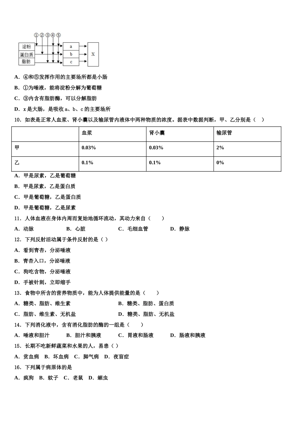 安徽省淮北市西园中学2025届生物七年级第二学期期末质量跟踪监视试题含解析_第2页