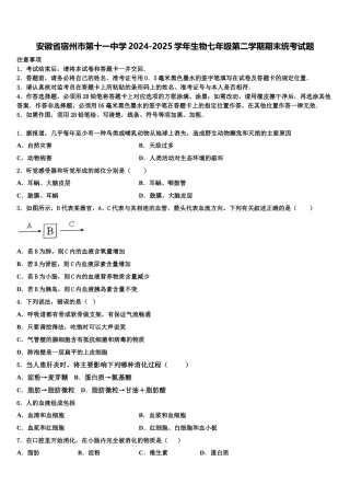 安徽省宿州市第十一中学2024-2025学年生物七年级第二学期期末统考试题含解析