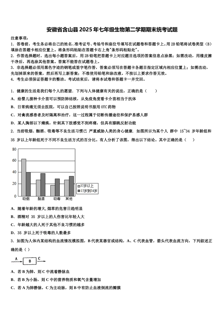 安徽省含山县2025年七年级生物第二学期期末统考试题含解析_第1页