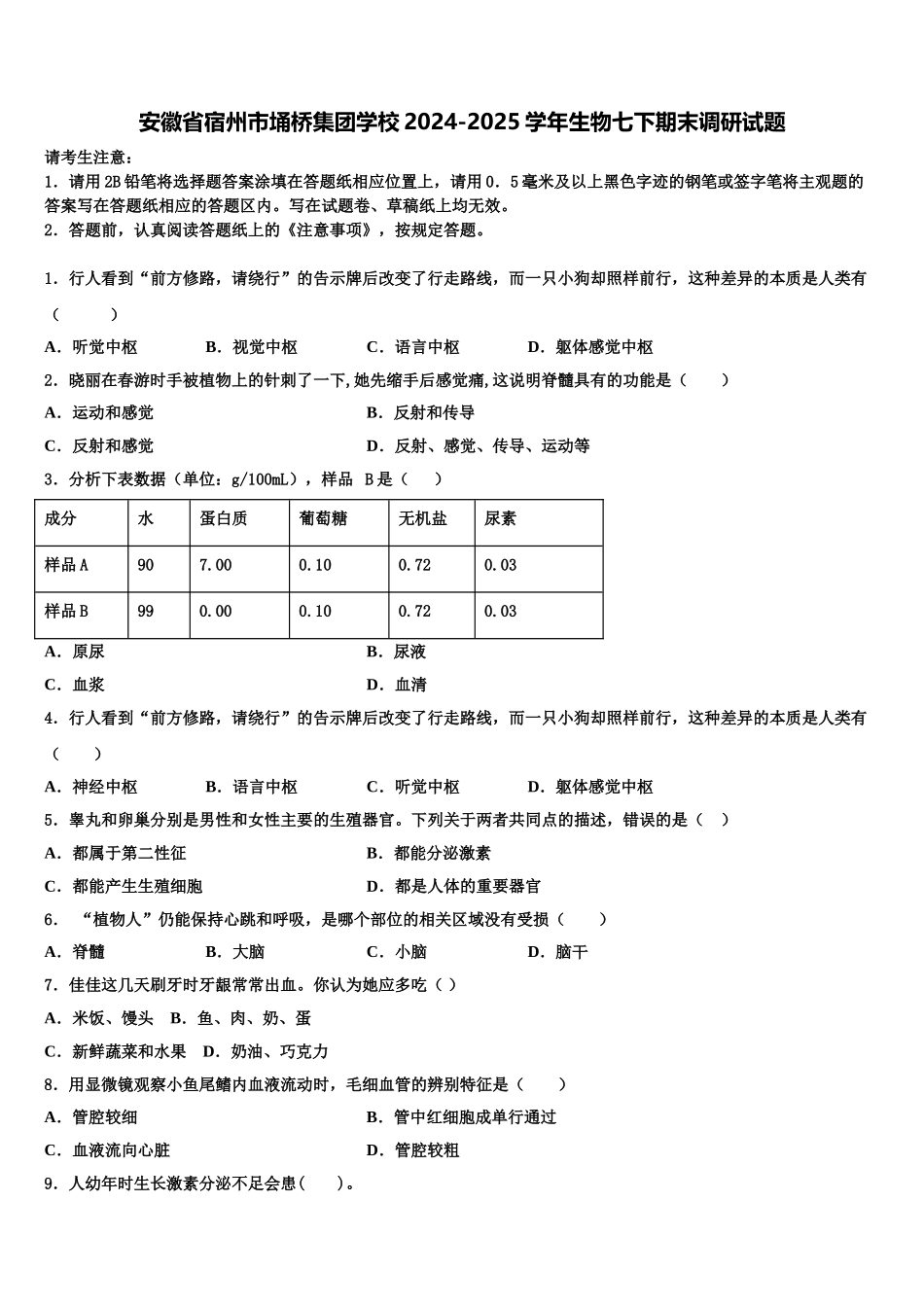 安徽省宿州市埇桥集团学校2024-2025学年生物七下期末调研试题含解析_第1页
