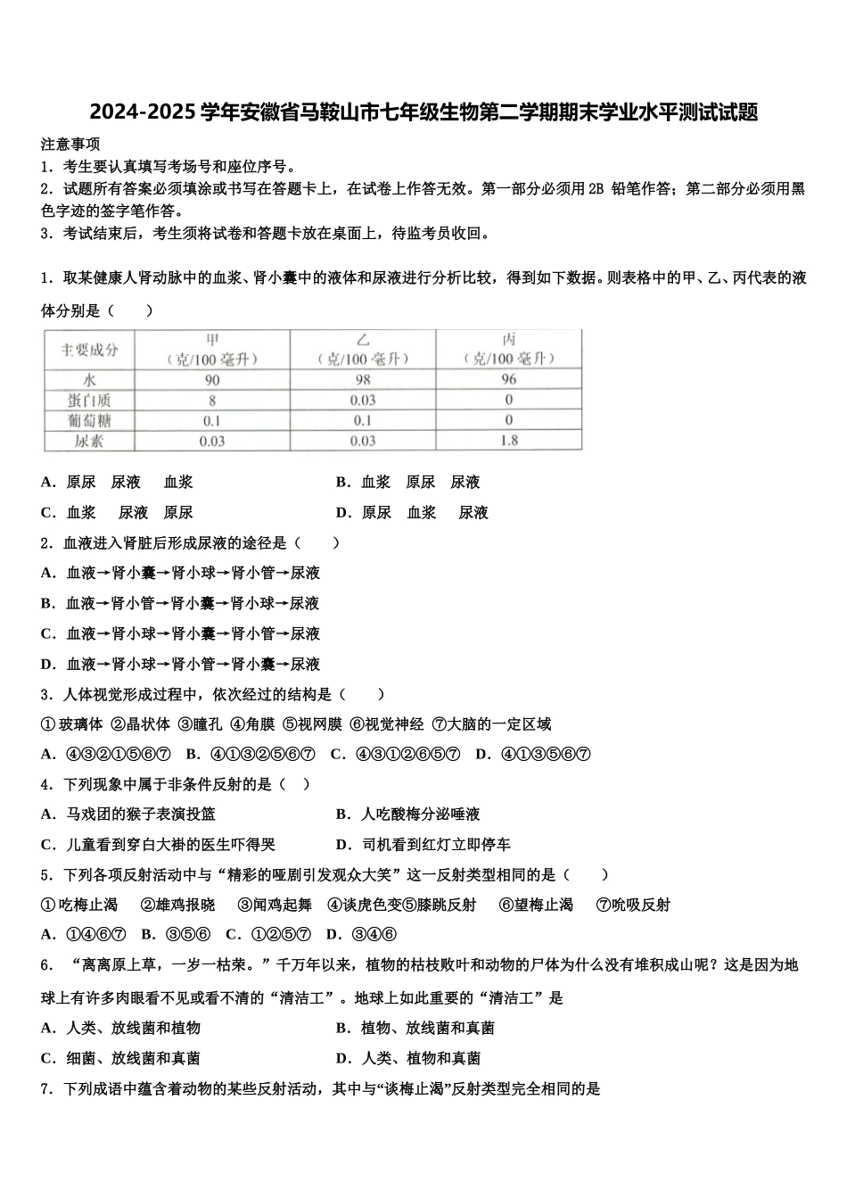 2024-2025学年安徽省马鞍山市七年级生物第二学期期末学业水平测试试题含解析_第1页