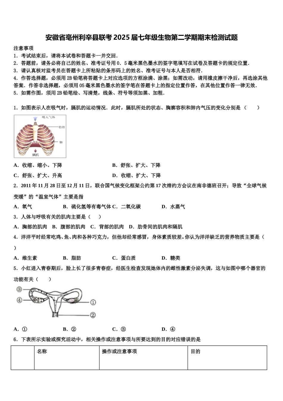 安徽省亳州利辛县联考2025届七年级生物第二学期期末检测试题含解析_第1页