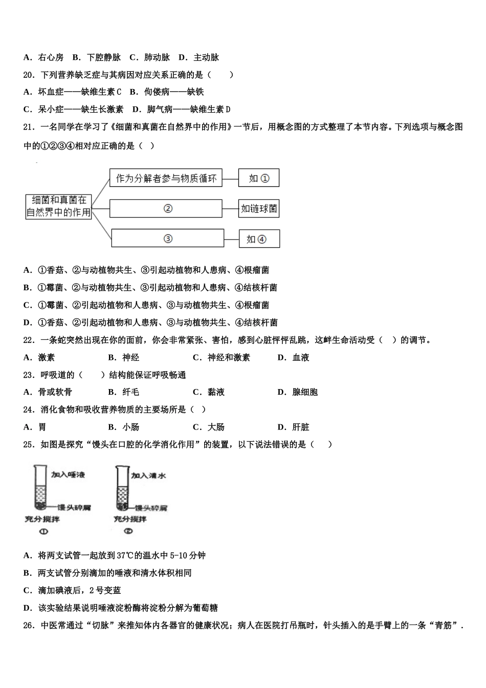 2024-2025学年安徽省桐城市七下生物期末调研模拟试题含解析_第3页