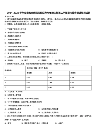 2024-2025学年安徽省亳州涡阳县联考七年级生物第二学期期末综合测试模拟试题含解析