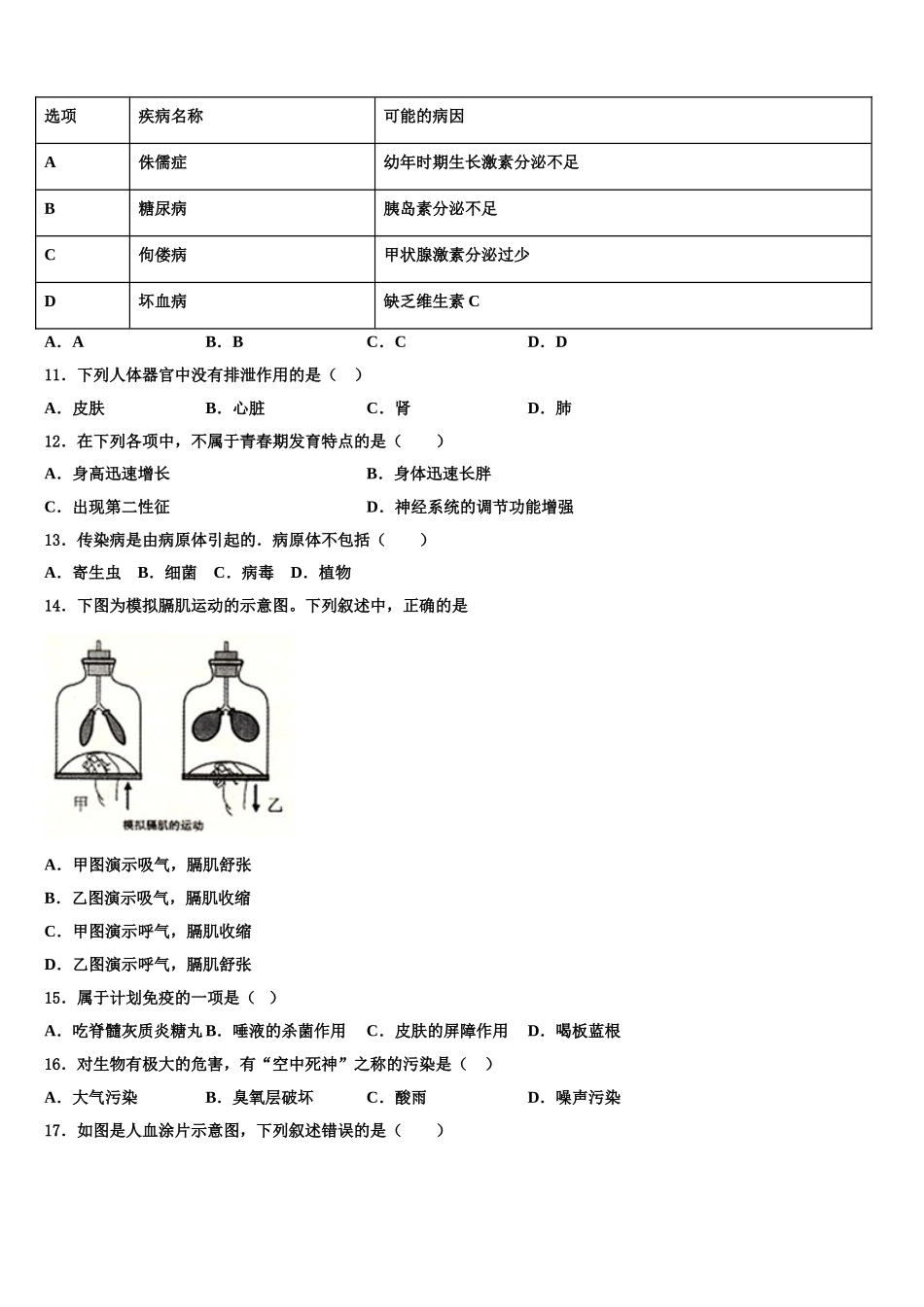 安徽省合肥市巢湖市2024-2025学年七下生物期末考试模拟试题含解析_第2页