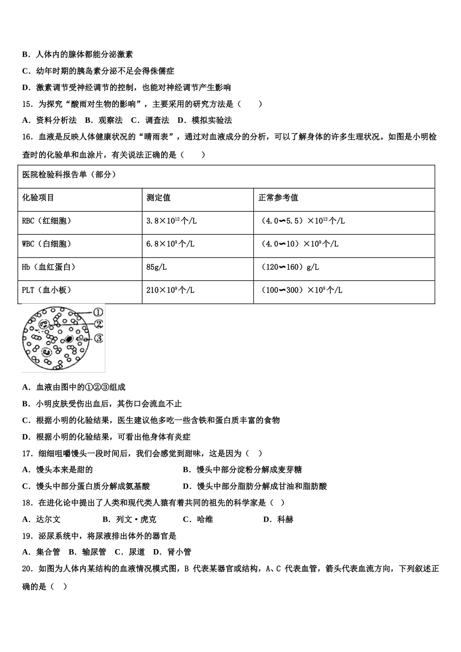 2025届安徽省亳州市蒙城中学生物七年级第二学期期末考试模拟试题含解析_第3页