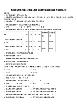 安徽省淮南市名校2025届七年级生物第二学期期末学业质量监测试题含解析