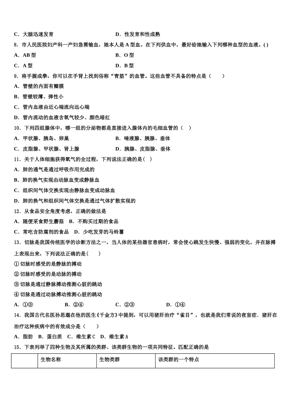 2024-2025学年江西省赣州蓉江新区潭东中学七年级生物第二学期期末监测模拟试题含解析_第2页