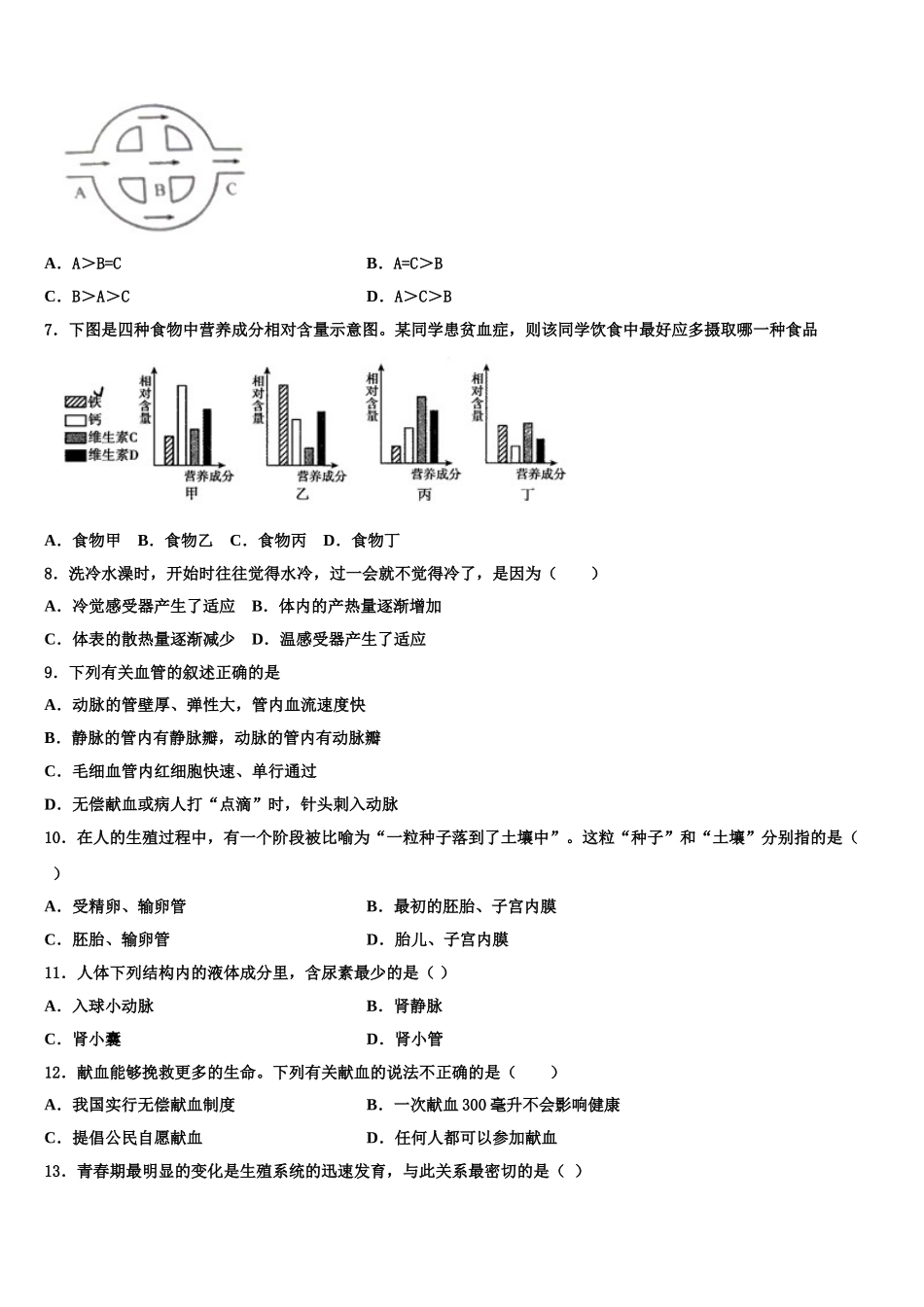 江西省2024-2025学年生物七年级第二学期期末综合测试试题含解析_第2页
