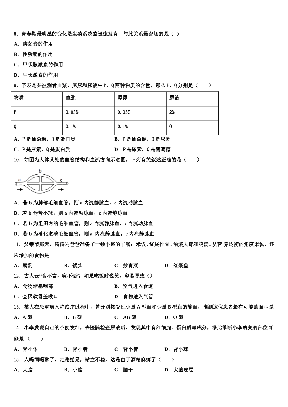 2024-2025学年抚州市重点中学七下生物期末教学质量检测试题含解析_第2页
