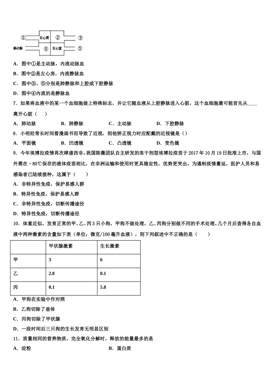 2025届江西省鹰潭市贵溪市第二中学七下生物期末考试模拟试题含解析_第2页