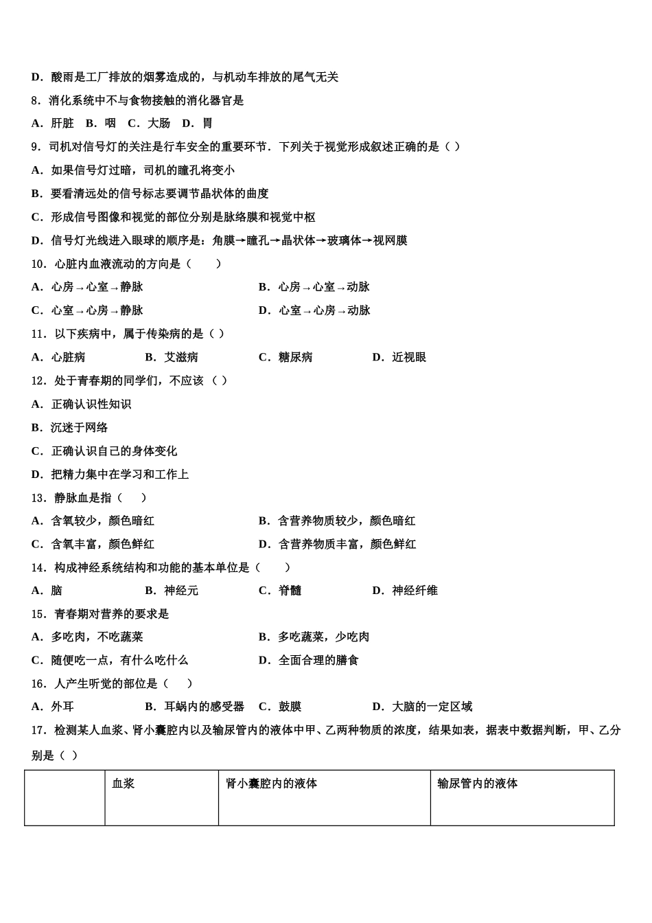 江西省安远县三百山中学2024-2025学年七年级生物第二学期期末综合测试试题含解析_第2页