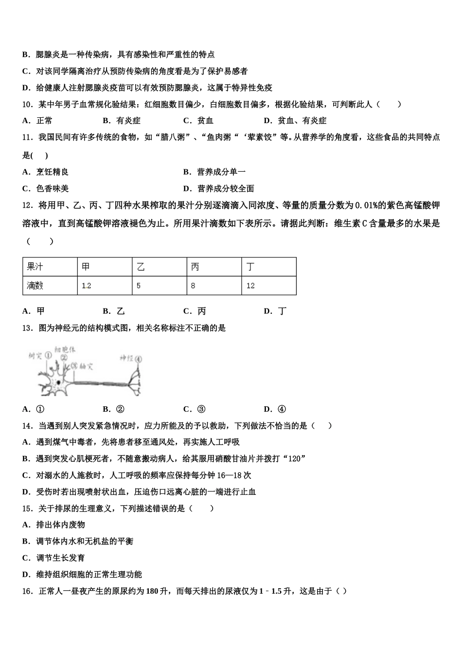 2025届江西省德安县塘山中学生物七下期末监测试题含解析_第2页