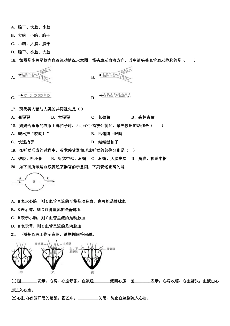 2025届辽宁省营口七中学生物七年级第二学期期末教学质量检测模拟试题含解析_第3页