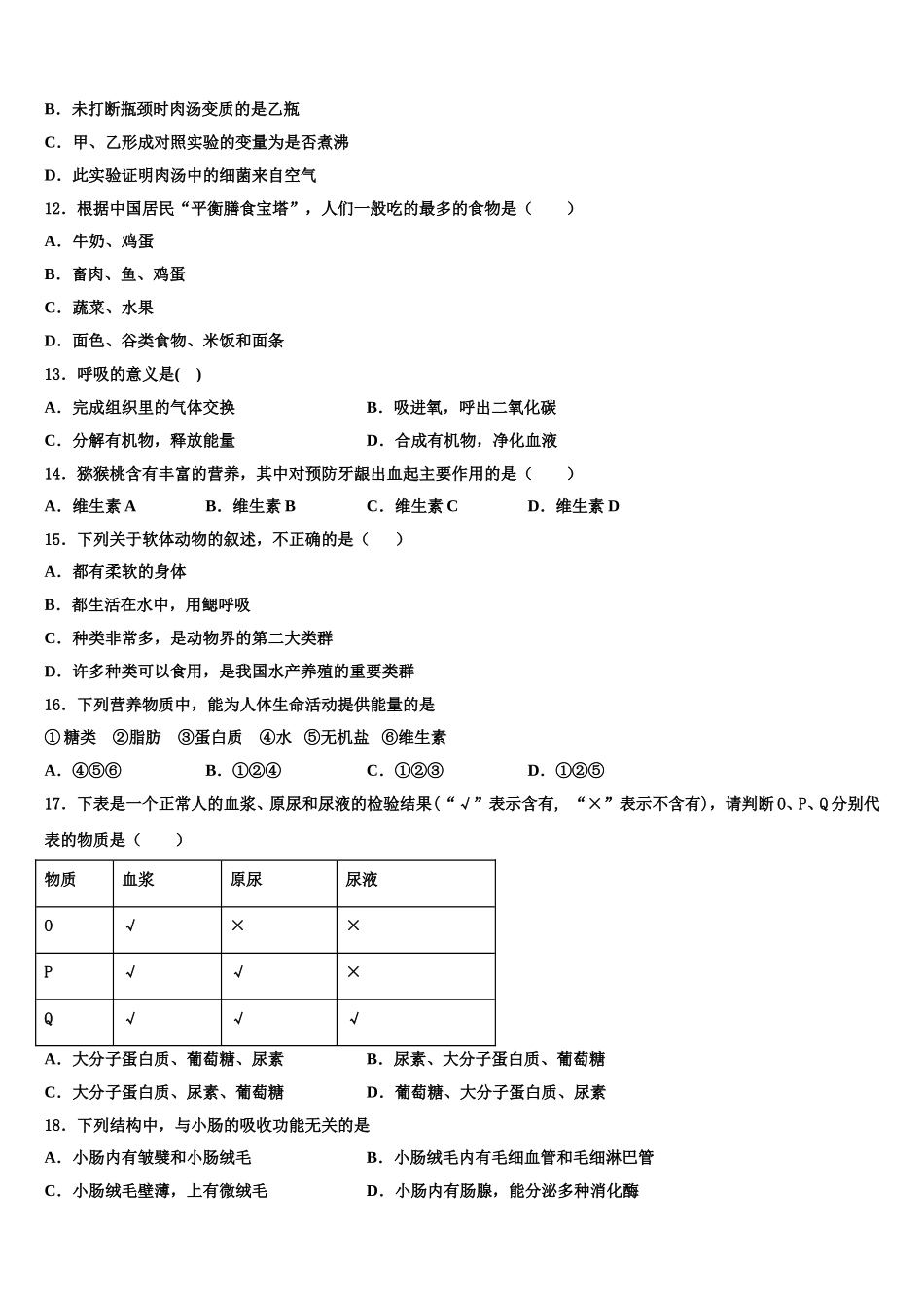 抚顺市重点中学2024-2025学年七下生物期末学业质量监测模拟试题含解析_第3页