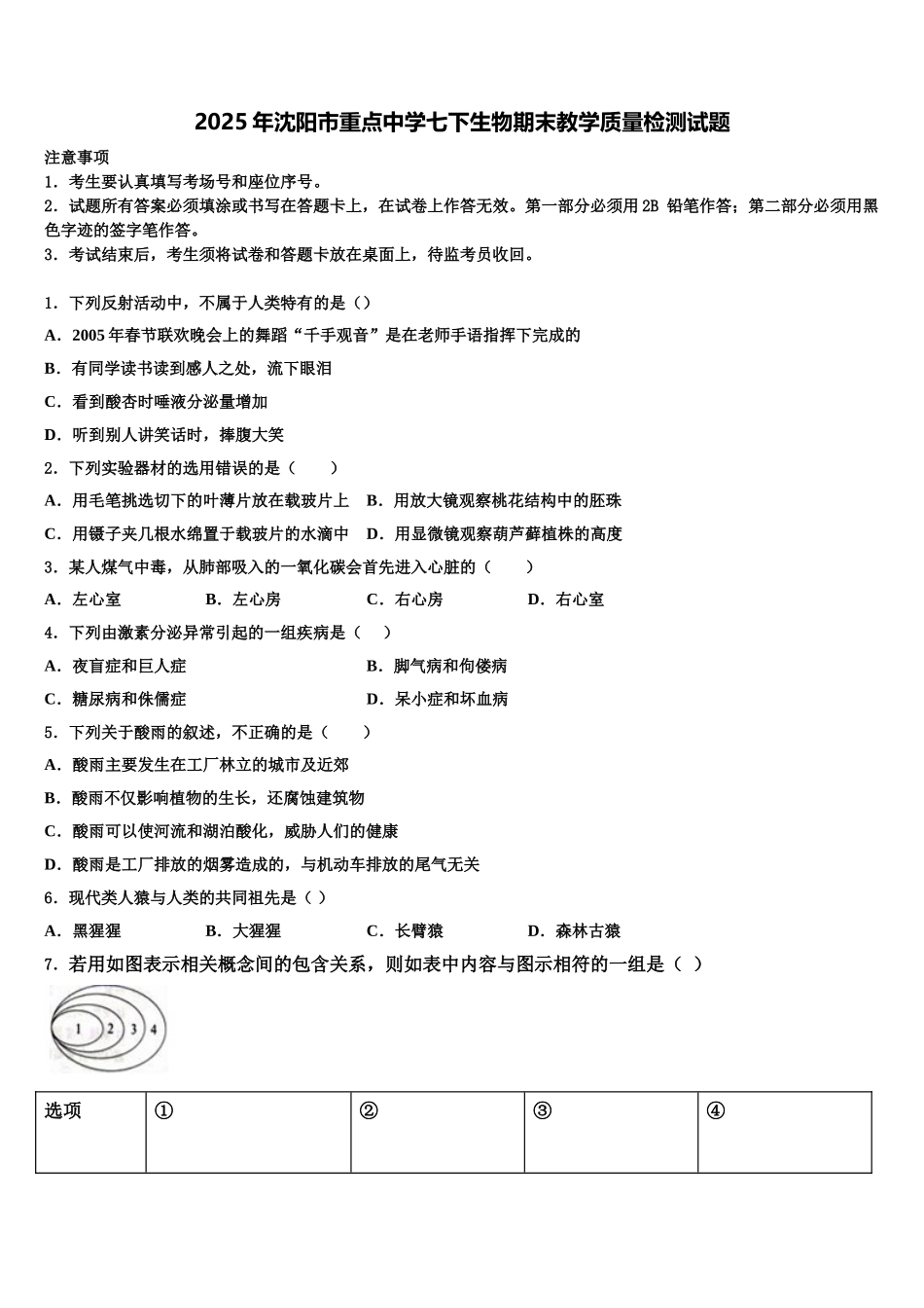 2025年沈阳市重点中学七下生物期末教学质量检测试题含解析_第1页