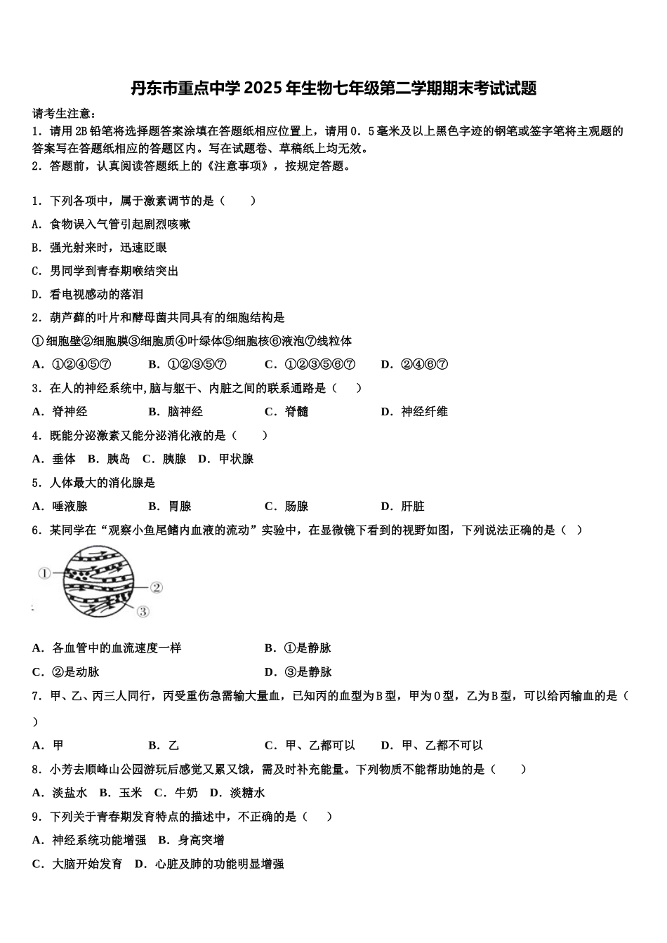丹东市重点中学2025年生物七年级第二学期期末考试试题含解析_第1页