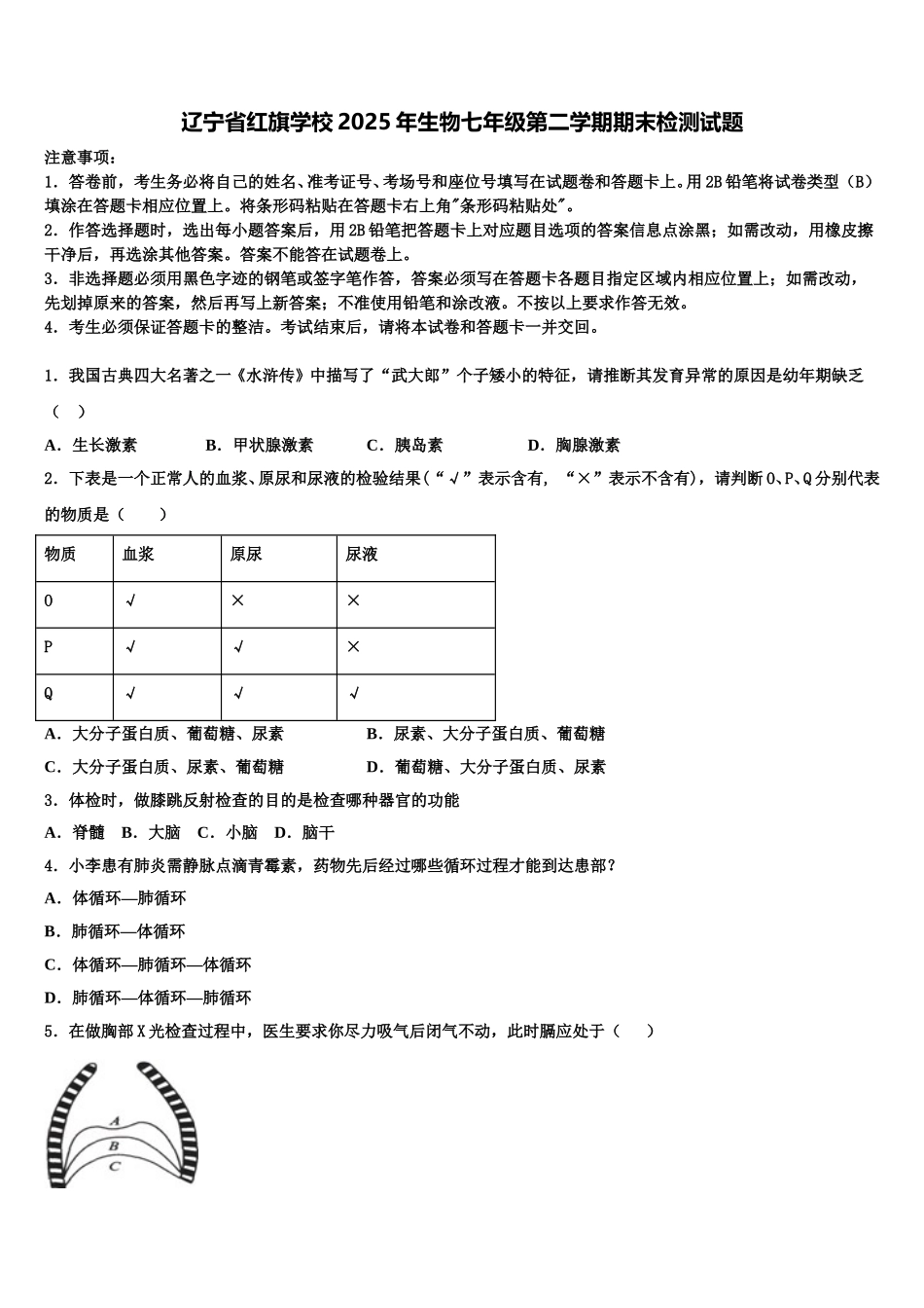 辽宁省红旗学校2025年生物七年级第二学期期末检测试题含解析_第1页