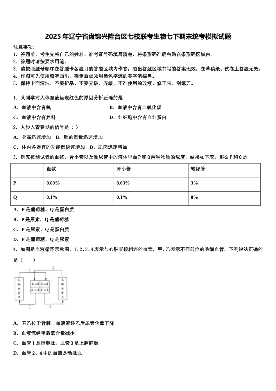 2025年辽宁省盘锦兴隆台区七校联考生物七下期末统考模拟试题含解析_第1页