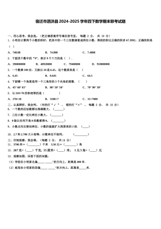 宿迁市泗洪县2024-2025学年四下数学期末联考试题含解析