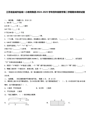 江苏省盐城市盐城一小教育集团2024-2025学年四年级数学第二学期期末调研试题含解析