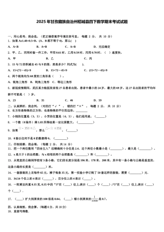 2025年甘孜藏族自治州稻城县四下数学期末考试试题含解析