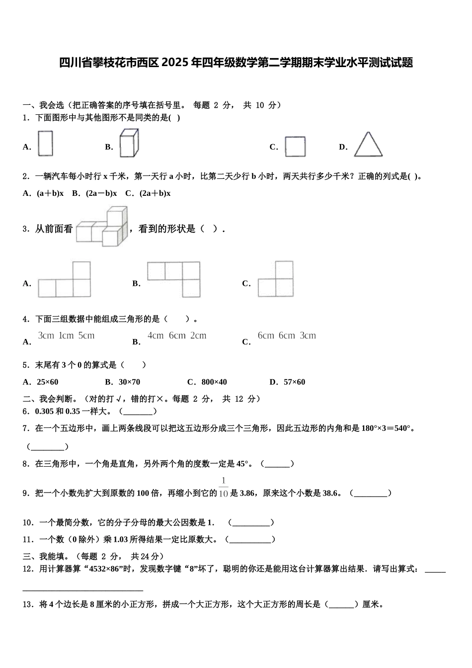 四川省攀枝花市西区2025年四年级数学第二学期期末学业水平测试试题含解析_第1页