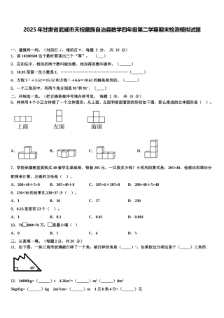 2025年甘肃省武威市天祝藏族自治县数学四年级第二学期期末检测模拟试题含解析