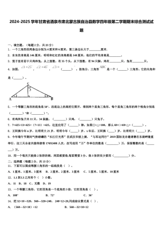 2024-2025学年甘肃省酒泉市肃北蒙古族自治县数学四年级第二学期期末综合测试试题含解析