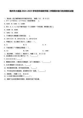 梅州市大埔县2024-2025学年四年级数学第二学期期末复习检测模拟试题含解析