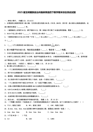 2025届玉树藏族自治州曲麻莱县四下数学期末综合测试试题含解析