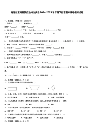 青海省玉树藏族自治州治多县2024-2025学年四下数学期末统考模拟试题含解析