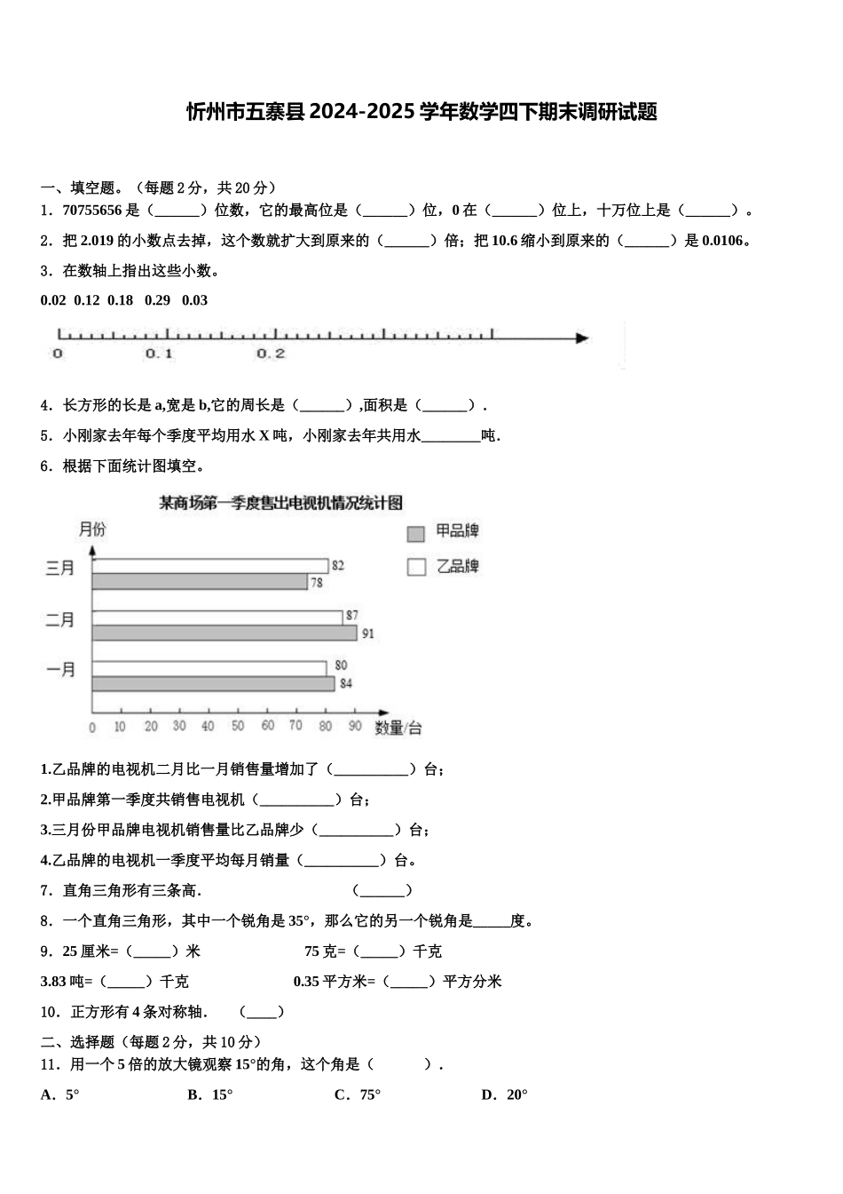 忻州市五寨县2024-2025学年数学四下期末调研试题含解析_第1页