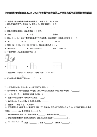河南省漯河市舞阳县2024-2025学年数学四年级第二学期期末教学质量检测模拟试题含解析