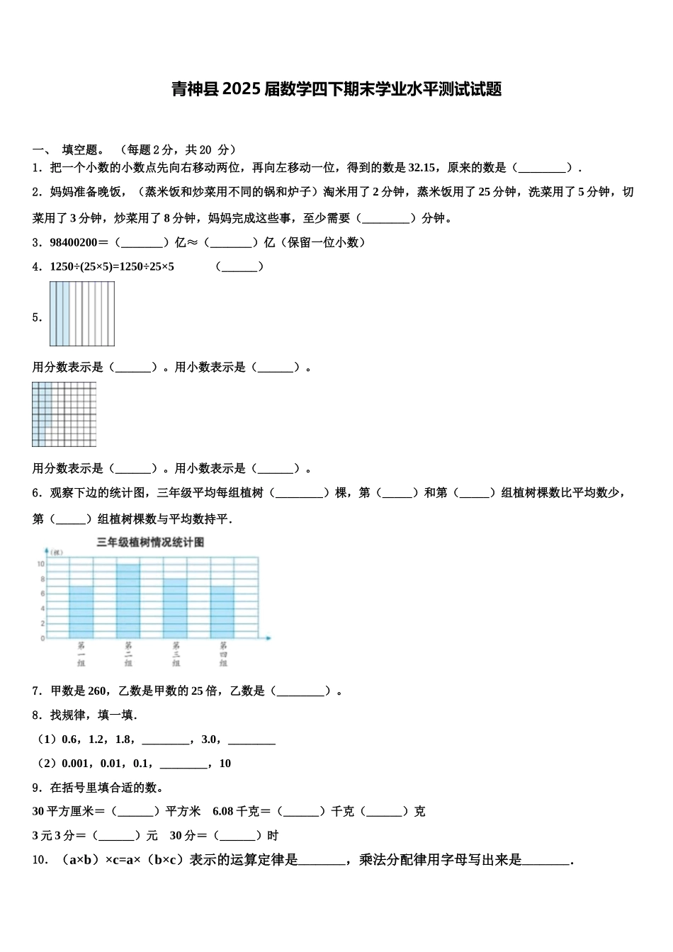 青神县2025届数学四下期末学业水平测试试题含解析_第1页
