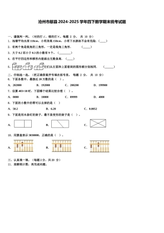 沧州市献县2024-2025学年四下数学期末统考试题含解析