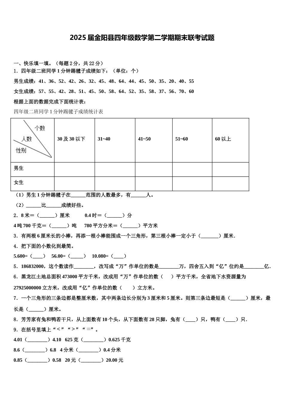 2025届金阳县四年级数学第二学期期末联考试题含解析_第1页