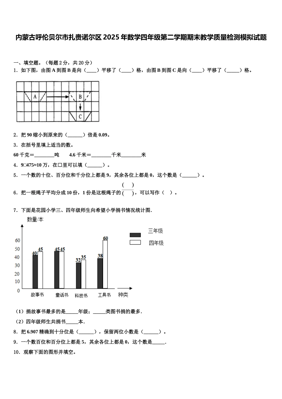 内蒙古呼伦贝尔市扎赉诺尔区2025年数学四年级第二学期期末教学质量检测模拟试题含解析_第1页