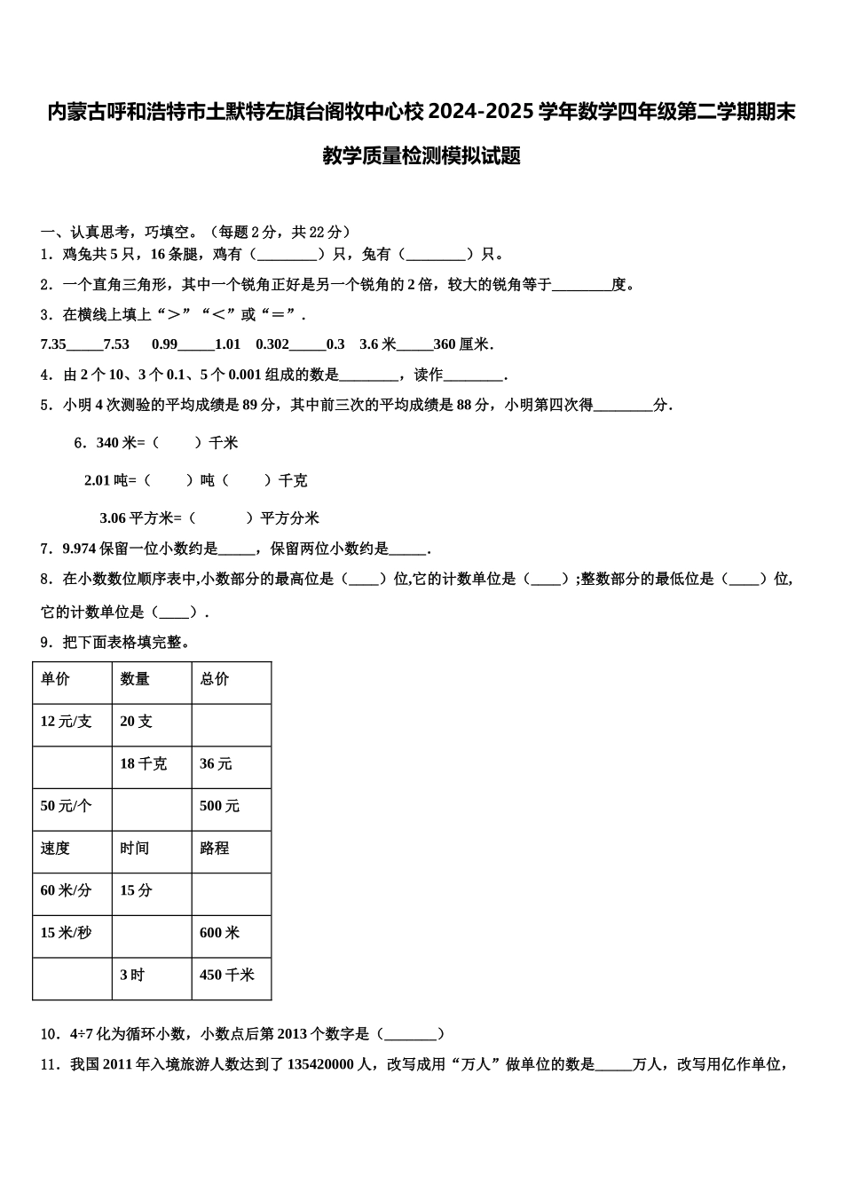 内蒙古呼和浩特市土默特左旗台阁牧中心校2024-2025学年数学四年级第二学期期末教学质量检测模拟试题含解析_第1页