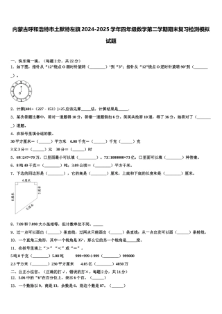 内蒙古呼和浩特市土默特左旗2024-2025学年四年级数学第二学期期末复习检测模拟试题含解析