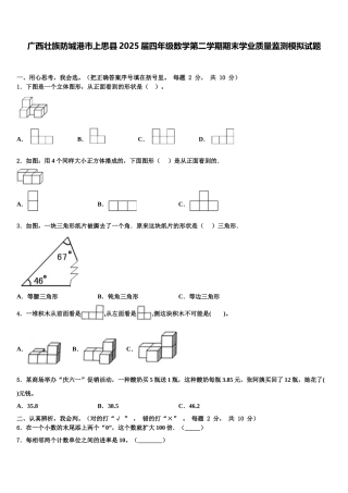 广西壮族防城港市上思县2025届四年级数学第二学期期末学业质量监测模拟试题含解析