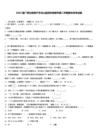 2025届广西壮族南宁市马山县四年级数学第二学期期末统考试题含解析