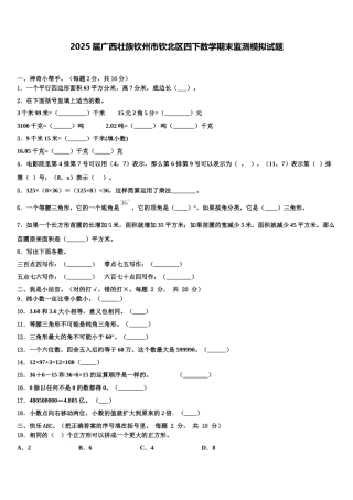 2025届广西壮族钦州市钦北区四下数学期末监测模拟试题含解析