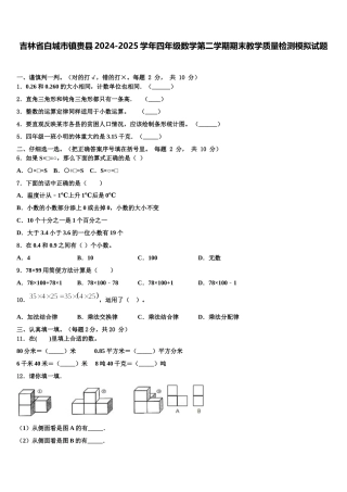 吉林省白城市镇赉县2024-2025学年四年级数学第二学期期末教学质量检测模拟试题含解析