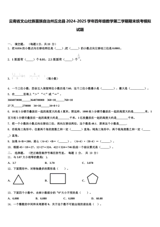 云南省文山壮族苗族自治州丘北县2024-2025学年四年级数学第二学期期末统考模拟试题含解析