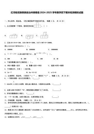 红河哈尼族彝族自治州绿春县2024-2025学年数学四下期末检测模拟试题含解析