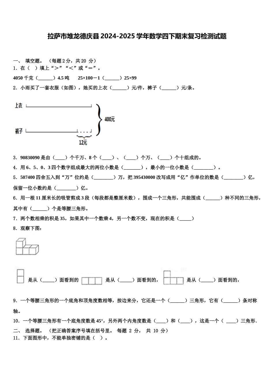 拉萨市堆龙德庆县2024-2025学年数学四下期末复习检测试题含解析_第1页