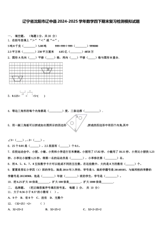 辽宁省沈阳市辽中县2024-2025学年数学四下期末复习检测模拟试题含解析