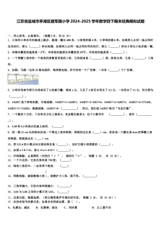 江苏省盐城市亭湖区建军路小学2024-2025学年数学四下期末经典模拟试题含解析